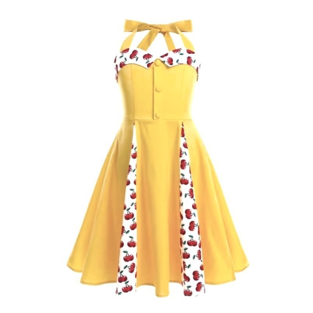Tonval Cherry Patchwork Girls Size 140cm Halter 50s Vintage Yellow Dance Dress